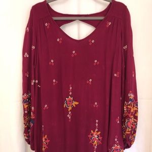Free People Maroon Embroidered Long Sleeve Dress